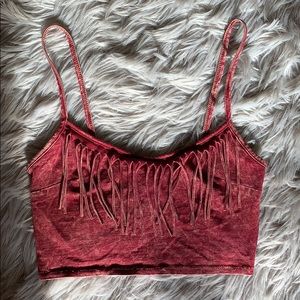 fringe red faded wash crop top